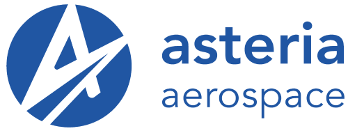 The image shows the logo of Asteria Aerospace, featuring a stylized "A" in blue inside a blue circle, followed by the company name in lowercase letters. This modern design reflects their advanced integrated supply chain management approach.