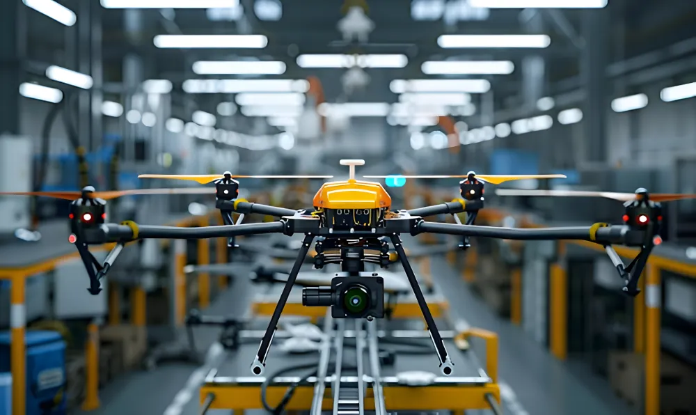 A drone with a camera is positioned in the center of a well-lit industrial workshop at Jane, surrounded by various equipment and machinery for integrated supply chain management.