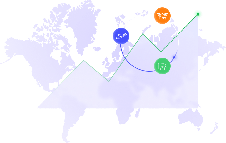 Map of the world with a chart overlay, showing transport modes: airplane, drone, and truck, connected by arrows, illustrating Jane's integrated supply chain management.