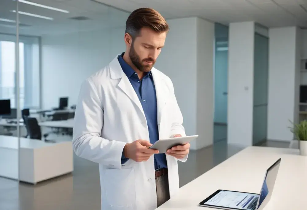 A male doctor in a white lab coat stands in a modern office, looking at a tablet. A laptop is open on the counter beside him, displaying data from Jane's integrated supply chain management system.