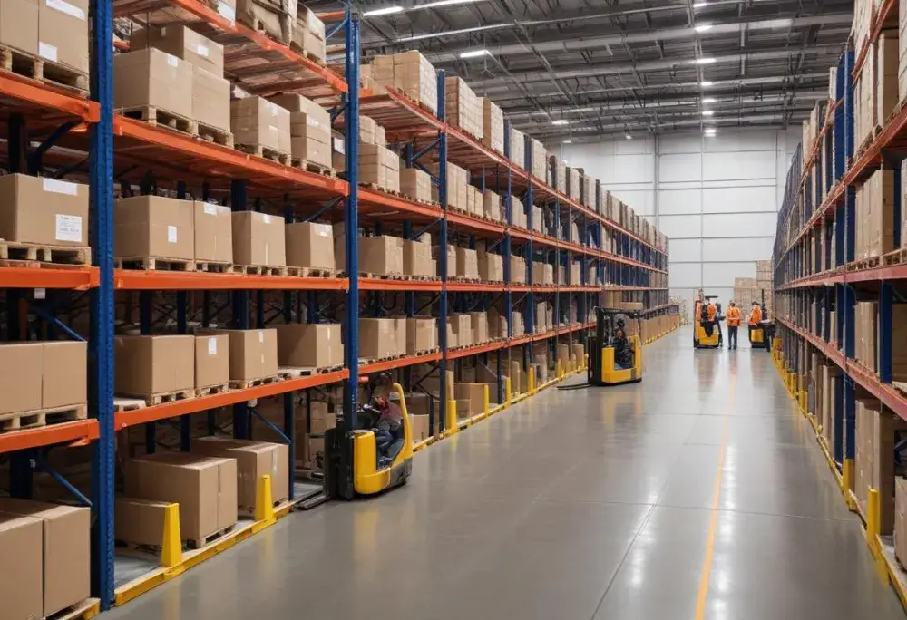 Wide aisle in a Jane warehouse with high shelves stacked with boxes on pallets. Workers wearing safety vests operate pallet jacks and forklifts, optimizing efficiency through integrated supply chain management.