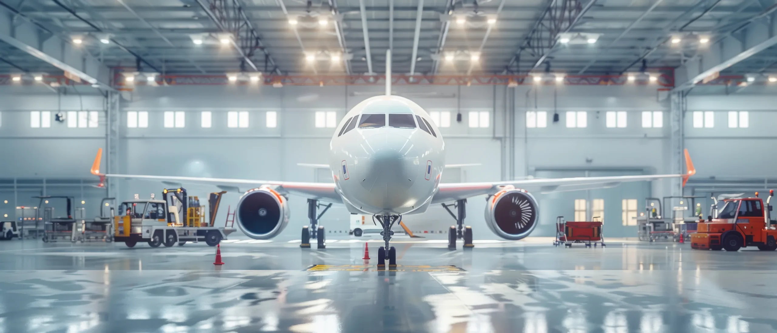 Front view of a Jane airplane parked inside a spacious, well-lit maintenance hangar with equipment and vehicles on either side, showcasing their integrated supply chain management.