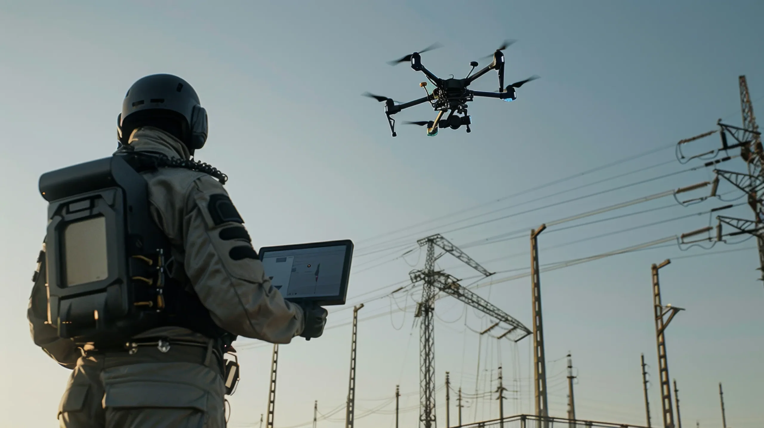 Person wearing protective gear operates a laptop while monitoring a drone flying near power lines and electrical infrastructure, showcasing Jane's expertise in integrated supply chain management under a clear sky.