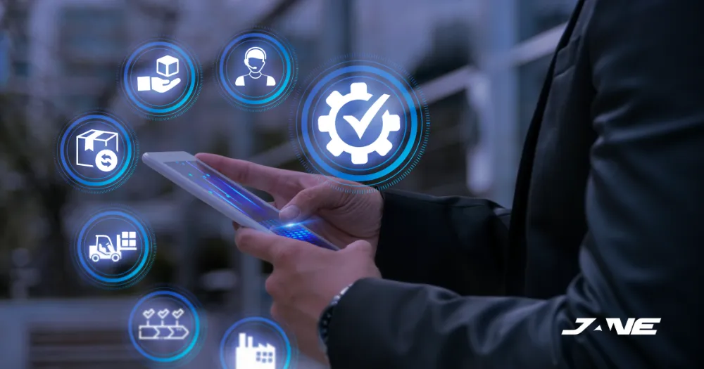 Person looking at a tablet with holographic images of procurement process icons displayed on top.